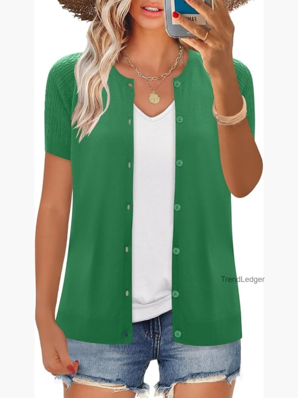 Crochet Hollowed Out Button Cardigan Short Sleeve Knit Sweater Top